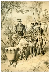 Livingstone słaby od gorączki eskortowany do miasta Shintes, c1854 1883