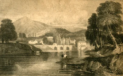 Most Llangollen, zamek Dinas Bran, nad rzeką Dee: Północna Walia, XIX wiek.