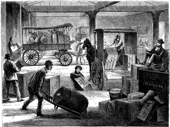 Załadunek furgonetek konnych w biurze głównym Wells Fargo, Nowy Jork, USA, 1875 r
