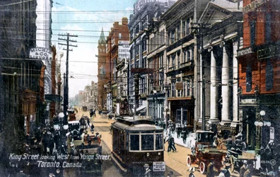 Patrząc na zachód wzdłuż King Street, Toronto, Kanada, ok. 1900