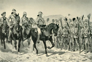 Lord Roberts wiwatowany przez żołnierzy po przybyciu do Wonder River, 1901.