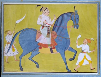 Maharaja Pratap Singh z Sawar jedzie na piechotę, z dwoma pomocnikami, ok. 1700