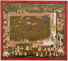 Maharaja Sangram Singh i jego dwór obserwują walkę tygrysów z dzikami w Sadri, ok. godz. 1720.