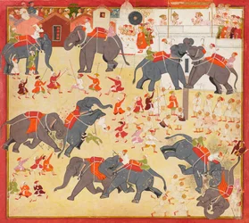 Maharana Raj Singh obserwujący walkę słoni, ok. godz. 1670-1675.