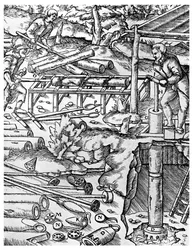 Wykonanie i wykorzystanie pomp z drzewa wiązowego do osuszania kopalń sprzed czasów maszyny parowej, 1556 1956