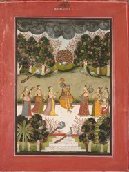 Malar Ragini: Krishna grający na flecie przed siedmioma gopi trzymającymi instrumenty muzyczne..., c. 1760.