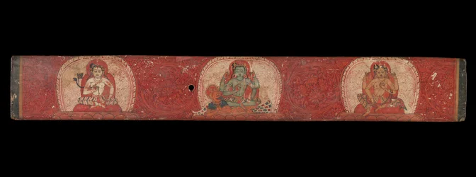 Okładka rękopisu z Wisznu otoczona przez Lakshmi i Sarasvati, XIV wiek.