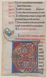 Iluminacja rękopisu z inicjałem V, z Biblii, ca. 1175-95.