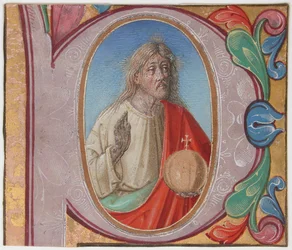 Iluminacja rękopisu z Salvator Mundi w inicjale P, z księgi chóralnej, początek XVI wieku.