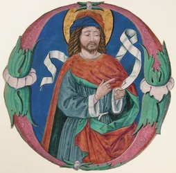 Iluminacja rękopisowa z figurą świętego w inicjale O, ok. 1900 r. 1480.