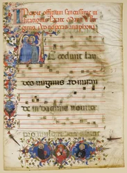 Karta rękopisu z Nawiedzeniem inicjałem A i kardynałem Adamem Eastonem..., wł., ca. 1400.
