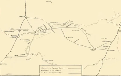 Mapa ilustrująca ruchy na rzecz pomocy w Kimberley i schwytania Bloemfontein, 1901.