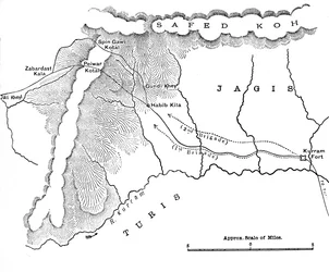 Mapa przedstawiająca marsz generała Robertsa do Peiwar Kotal od 28 listopada do 1 grudnia 1878 r., ok. 1880 r