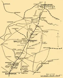 Mapa przedstawiająca linie natarcia od Bloemfontein do Pretorii, 1901.