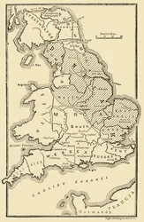 Mapa Anglii z królestwami anglosaskimi i dzielnicami duńskimi, około IX wieku, 189