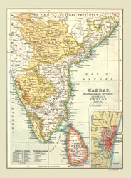 Mapa Madrasu, Hyderabadu, Mysore, Coorg i Cejlonu, 1902.