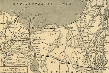 Mapa tureckiego ataku na Kanał Sueski, Egipt, I wojna światowa, 1915, c1920.