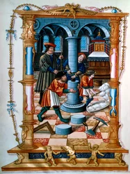 Murarze budujący filar w kościele, około 1525