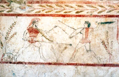 Mężczyźni walczący włóczniami, Paestum, ok. IV w. p.n.e.