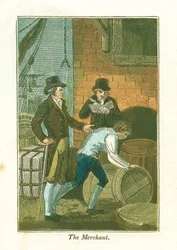 Kupiec i jego urzędnik w porcie sprawdzający towary w magazynie, 1823