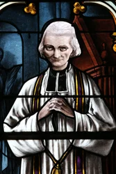 Kościół w Mezilles. Witraż. Św. Jan Maria Vianney. Proboszcz z Ars. Francja - abbe Jean Marie Vianney (Vianey, Viannay, Viennet), dit le Cure d
