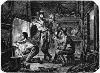Górnicy na kalifornijskich polach złota odpoczywają nocą w swojej chatce z bali, 1853 r.