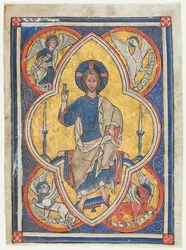 Miniatura wycięta z psałterza: Chrystus w majestacie z symbolami czterech ewangelistów, ok. 1930 r. 1235.
