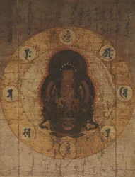 Monju Bosatsu z ośmioma świętymi sylabami sanskrytu, połowa do końca XIV wieku.
