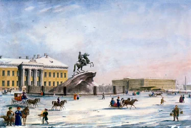 Pomnik Piotra Wielkiego na Placu Senackim w Petersburgu, Rosja, zima 1822