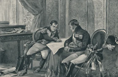 Napoleon i Aleksander w Tilsit studiują mapę Europy, 1807, 1896