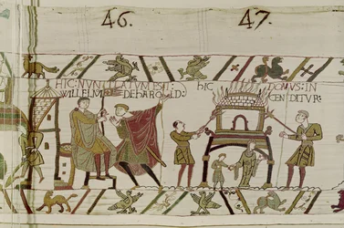 Wiadomość o sprowadzeniu Harolda do Williama i spaleniu domu przez Normanów, Bayeux Tapestry (haft z wełny na płótnie)