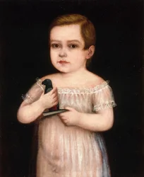 Chłopiec z papugą zabawką, ca. 1830-1850.