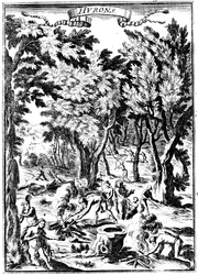 Północnoamerykańscy Indianie Huron polujący i przygotowujący jedzenie w lesie, 1686