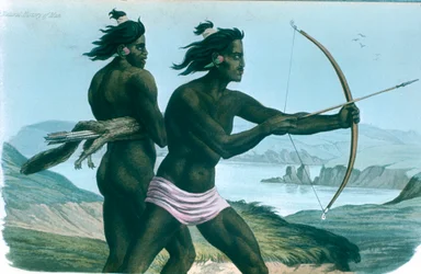 Północnoamerykańscy Indianie San Francisco polujący z łukami i strzałami, ok. 1840 r.