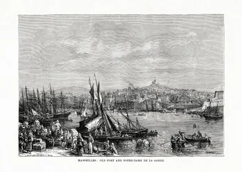 Stary port i Notre Dame de la Garde, Marsylia, Francja, 1879