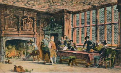 Oliver Cromwell sądzący więźnia podczas obrony Banbury. Sala Globe of Ye Olde Reine Dee