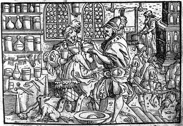 Operacja na głowie mężczyzny. Od: Wielkie lekarstwo na rany Theophrastus Bombastus von Hohenheim, 1562