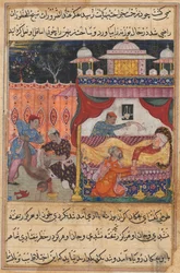 Strona z Tales of a Parrot Tuti-nama: Piąta noc: Małpa zabita, jego krew..., c. 1560.