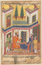 Strona z Opowieści papugi Tuti-nama: Pięćdziesiąta noc: Kupiec powraca..., c. 1560.