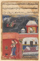 Strona z Tales of a Parrot Tuti-nama: Pierwsza noc: Khujasta zabija zwierzaka myna..., c. 1560.