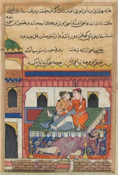 Strona z Opowieści papugi Tuti-nama: Czterdziesta noc: Shahr-Arai i jej kochanek..., c. 1560.