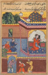 Strona z Tales of a Parrot Tuti-nama: Trzydziesta druga noc: Kaiwan, Latif i Sharif..., c. 1560.