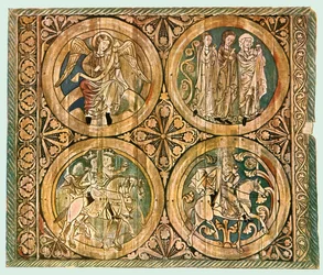 Malowany drewniany sufit, stary kościół w Dädesjö, Småland, Szwecja, 1928.