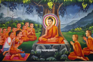 Obraz przedstawiający Buddę nauczającego pod drzewem z królem Bimbisarą w Rajagaha Udong Cambodge
