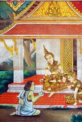 Obraz przedstawiający historię życia Buddy Siakjamuniego. Wat Naxai. Wientian. Laos, 20151106, Wientian, Laos