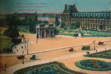 Panoramiczny widok na Tuileries i Łuk Triumfalny du Carrousel, Paryż, ok. 1920