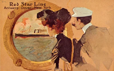 Pasażerowie patrzący przez iluminator na pokładzie liniowca oceanicznego Red Star, c1900.