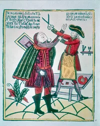 Piotr I Wielki 1672-1725, car Rosji, strzyżący bojarskiemu szlachcicowi brodę