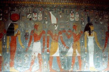 Faraon Horemheb z boginią Izydą i bogiem Horusem, starożytny Egipcjanin, XIV w. p.n.e.