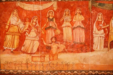 Faraon i dzieciństwo Mojżesza, fresk z Synagogi w Doura (Dura) Europos, 244-245, przechowywany w Muzeum Narodowym w Damaszku. Zdjęcie wykonane w Muzeum Żydowskim w Nowym Jorku podczas wystawy.